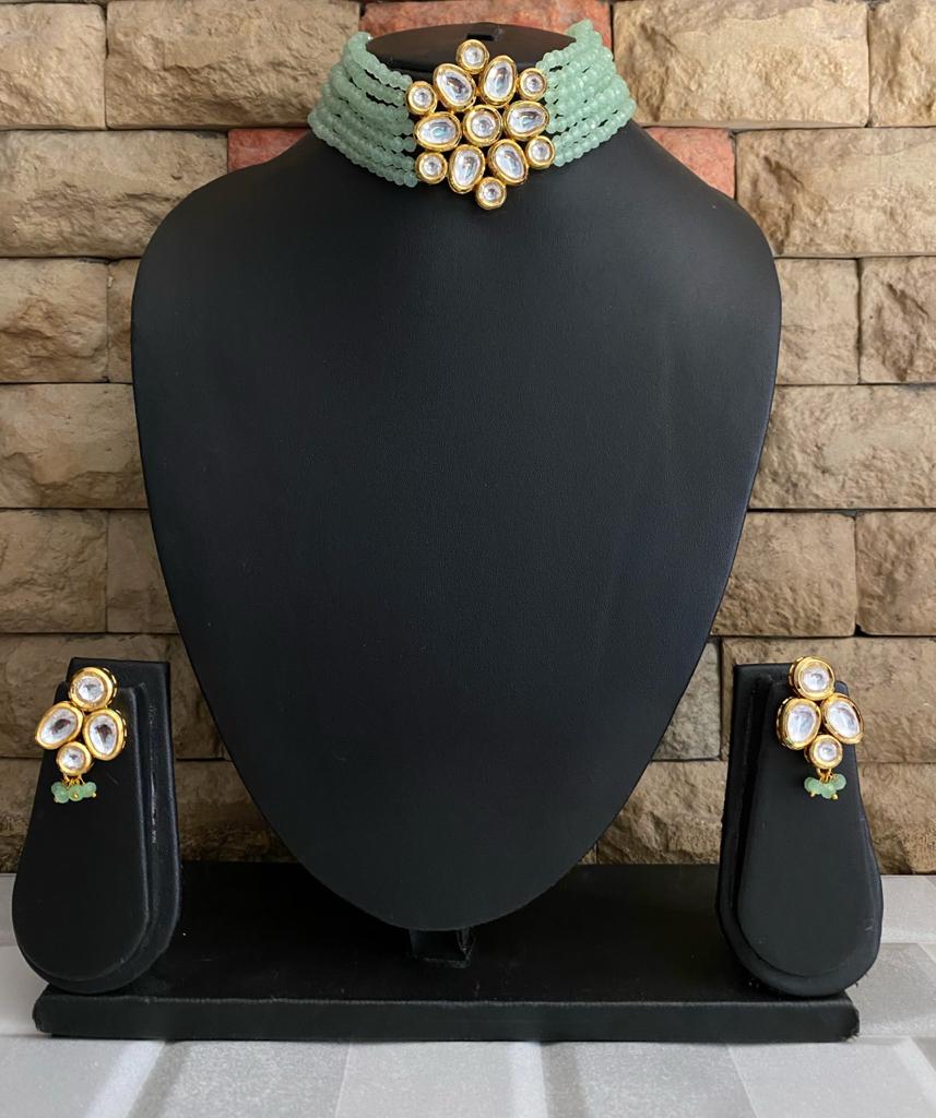 Gold Toned Kundan Mint Green Beaded Choker Necklace Set Choker Necklace Set