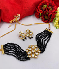Gold Toned Studded Kundan Black Beads Choker Necklace Set By Gehna Shop Choker Necklace Set