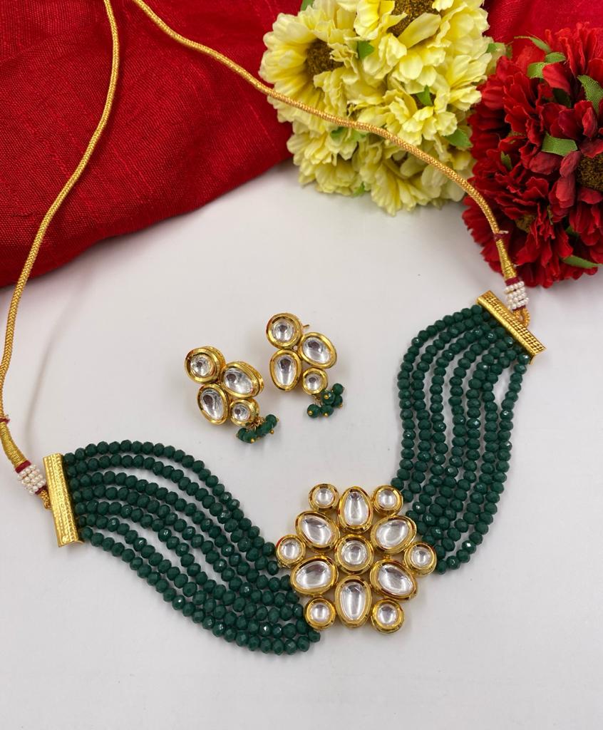 Gold Toned Studded Kundan Green Beads Choker Necklace Set Choker Necklace Set
