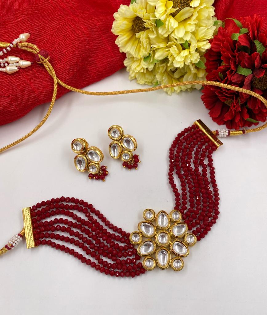 Gold Toned Studded Kundan Red Beads Choker Necklace Set Choker Necklace Set