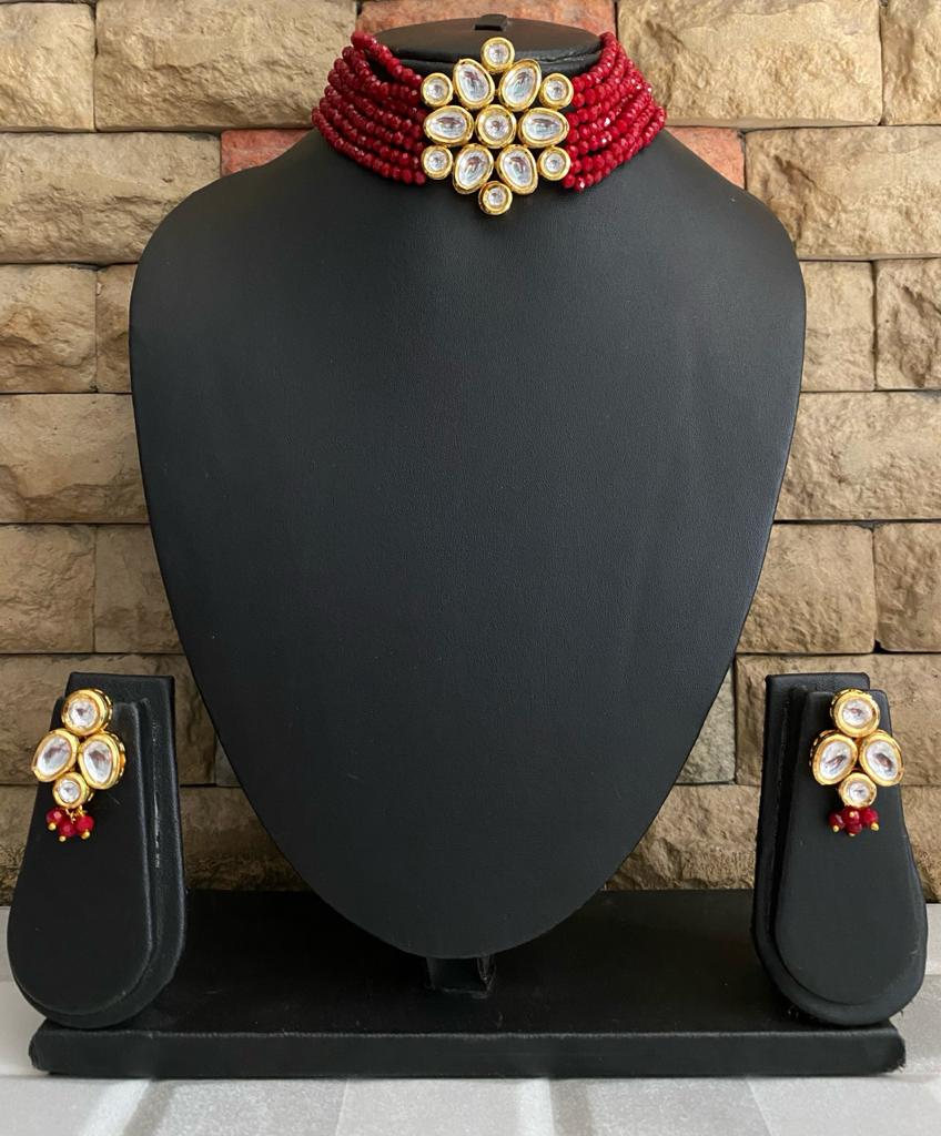 Gold Toned Studded Kundan Red Beads Choker Necklace Set Choker Necklace Set