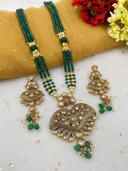 Gold Toned Wedding Antique Kundan Pendant Long Necklace Set For Woman Kundan Necklace Sets