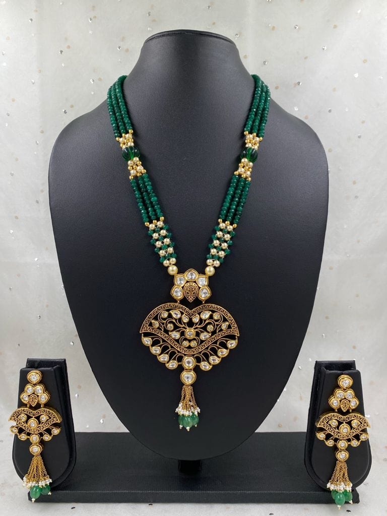 Gold Toned Wedding Antique Kundan Pendant Long Necklace Set For Woman Kundan Necklace Sets