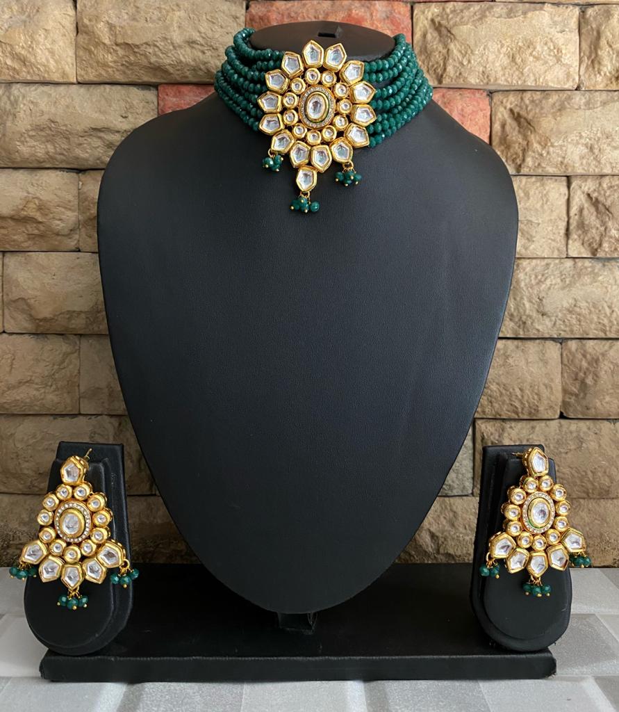 Green Gold Toned Kundan Beaded Choker Necklace Set Choker Necklace Set