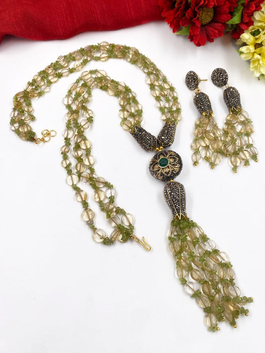 Handcrafted Designer Semi Precious Citrine And Peridot Long Necklace Set By Gehna Shop Beads Jewellery