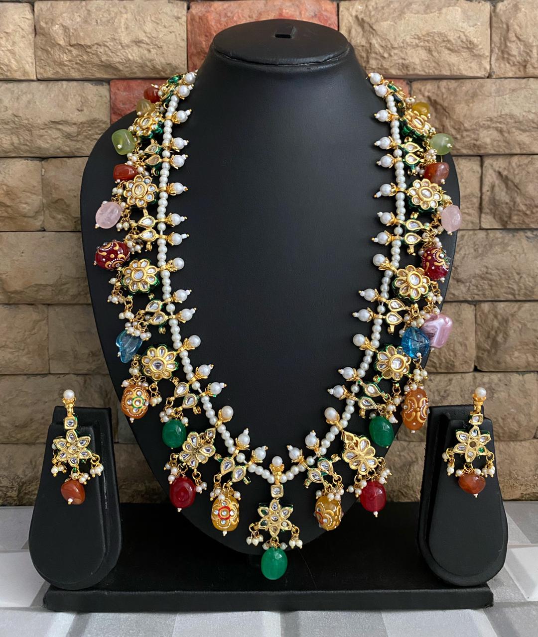 Handcrafted Gold Toned Long Kundan Necklace With Multi Color Stones By Gehna Shop Kundan Necklace Set