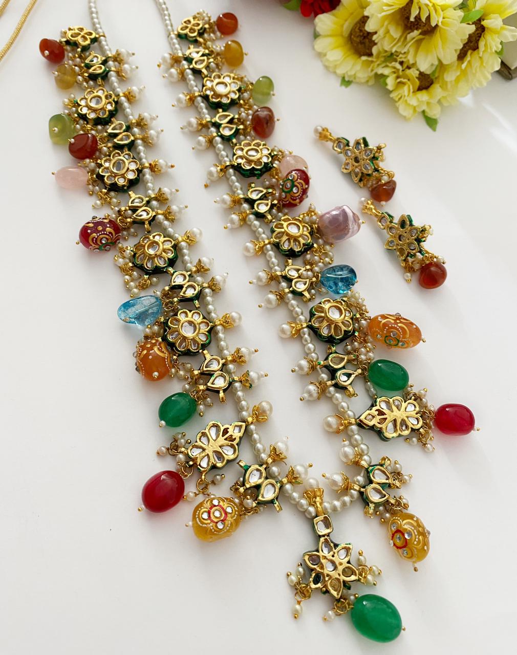Handcrafted Gold Toned Long Kundan Necklace With Multi Color Stones By Gehna Shop Kundan Necklace Set