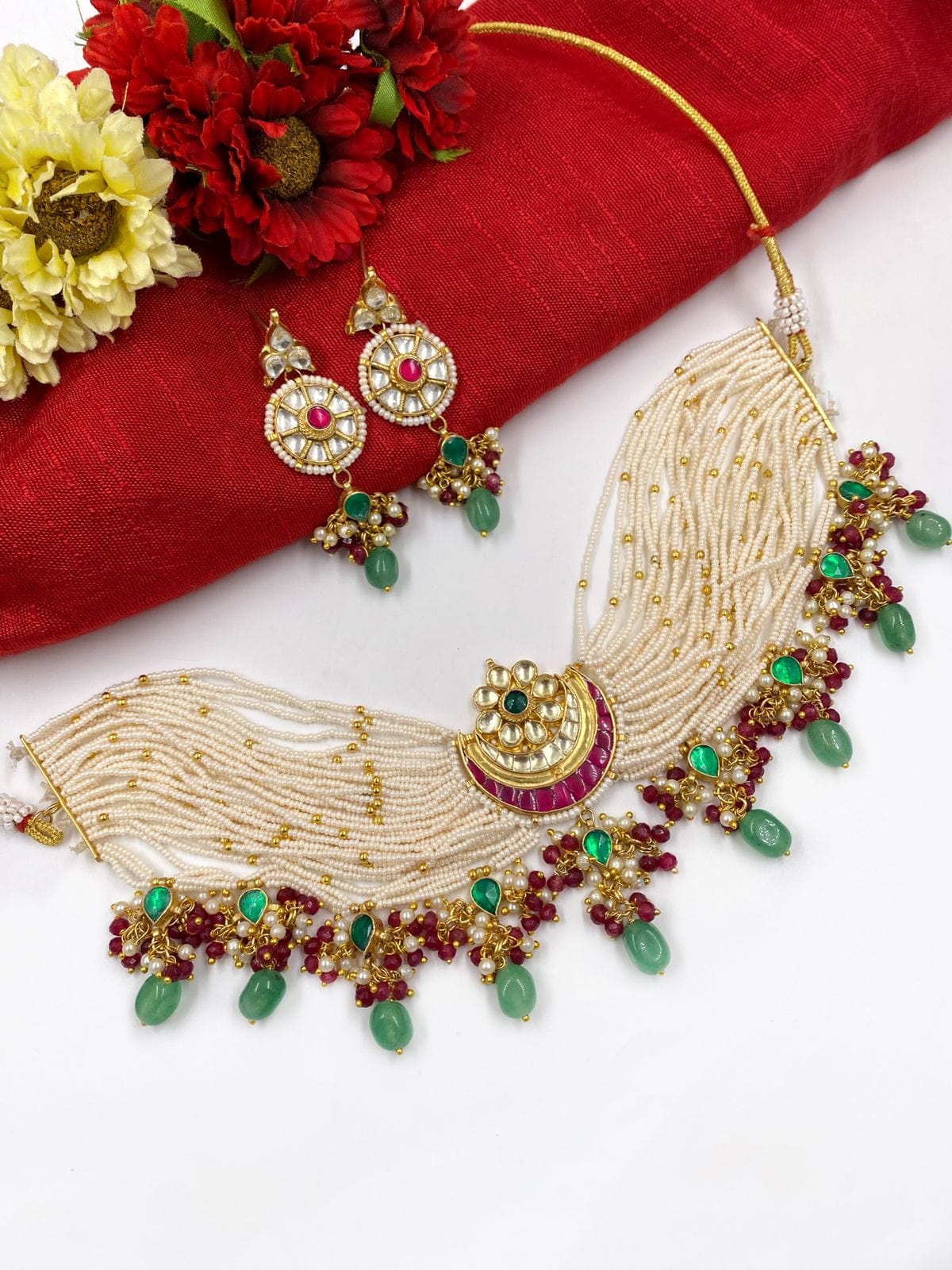 Handcrafted Jadau Kundan And Pearls Choker Necklace Set For Women By Gehna Shop Choker Necklace Set