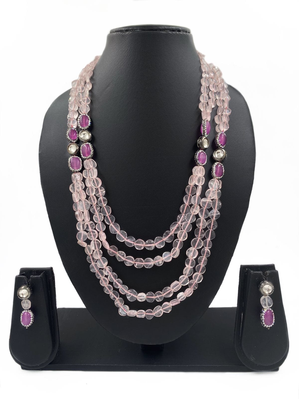 Handcrafted Semi Precious Pink Rose Quartz Beads And Kundan Necklace Set By Gehna Shop Beads Jewellery
