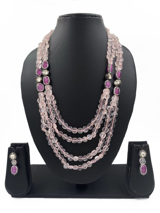 Handcrafted Semi Precious Pink Rose Quartz Beads And Kundan Necklace Set By Gehna Shop Beads Jewellery