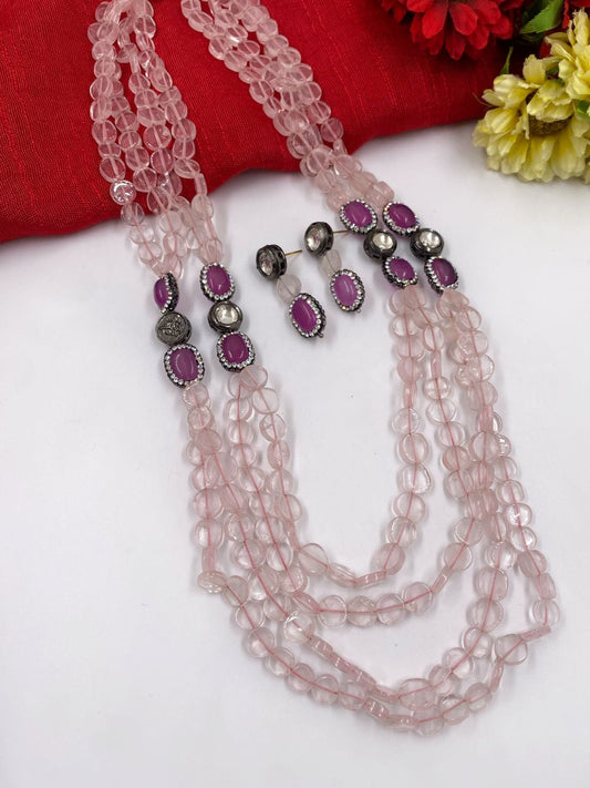 Handcrafted Semi Precious Pink Rose Quartz Beads And Kundan Necklace Set By Gehna Shop Beads Jewellery