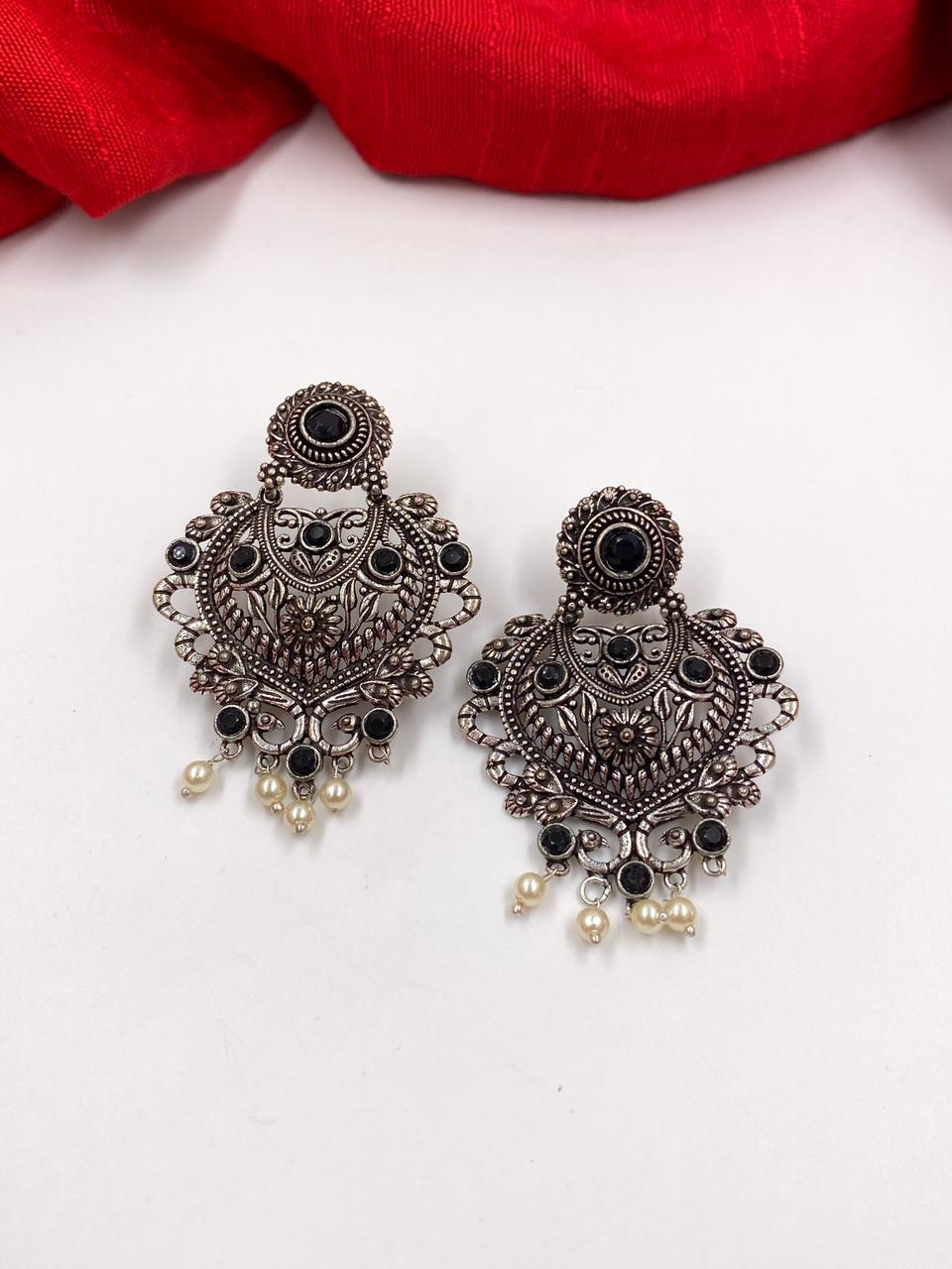 Shop Black Flower Stud Oxidized Jhumka Earrings | Oxidized Silver earrings  | The Fine World – The Fineworld