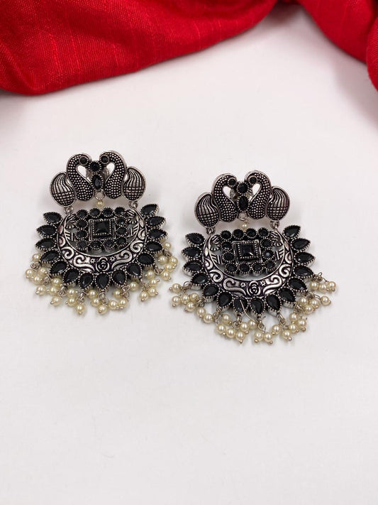 Handcrafted Silver Tone Brass Metal Oxidised Peacock Earrings By Gehna Shop Oxidised Earrings