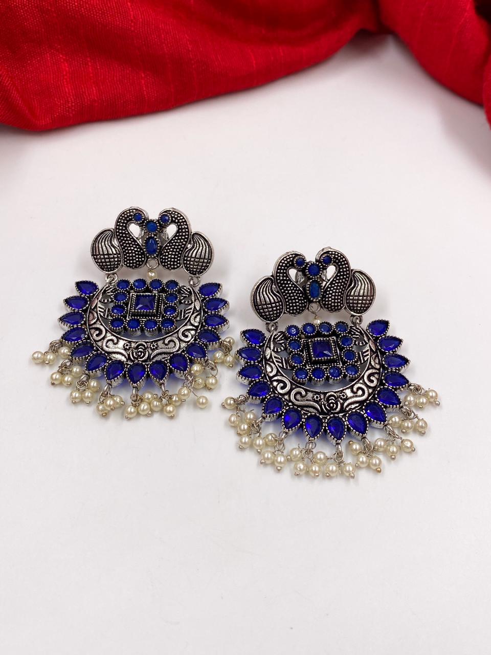 Handcrafted Silver Tone Brass Metal Oxidised Peacock Earrings By Gehna Shop Oxidised Earrings
