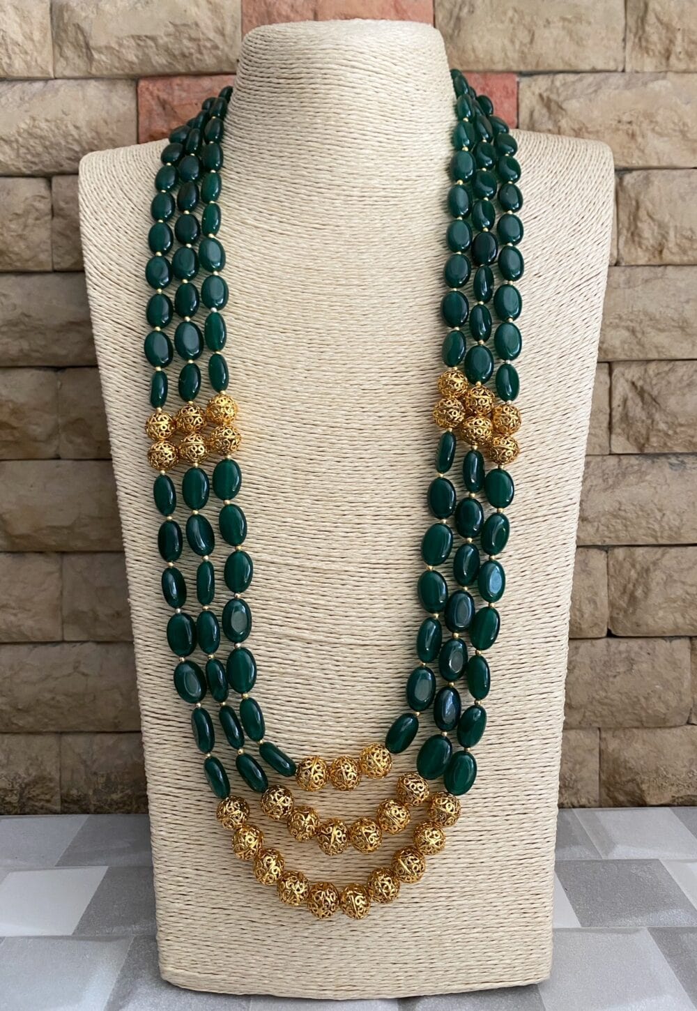 Handcrafted Triple Layered Green Jade Beaded Necklace For Men And Woman Beads Jewellery