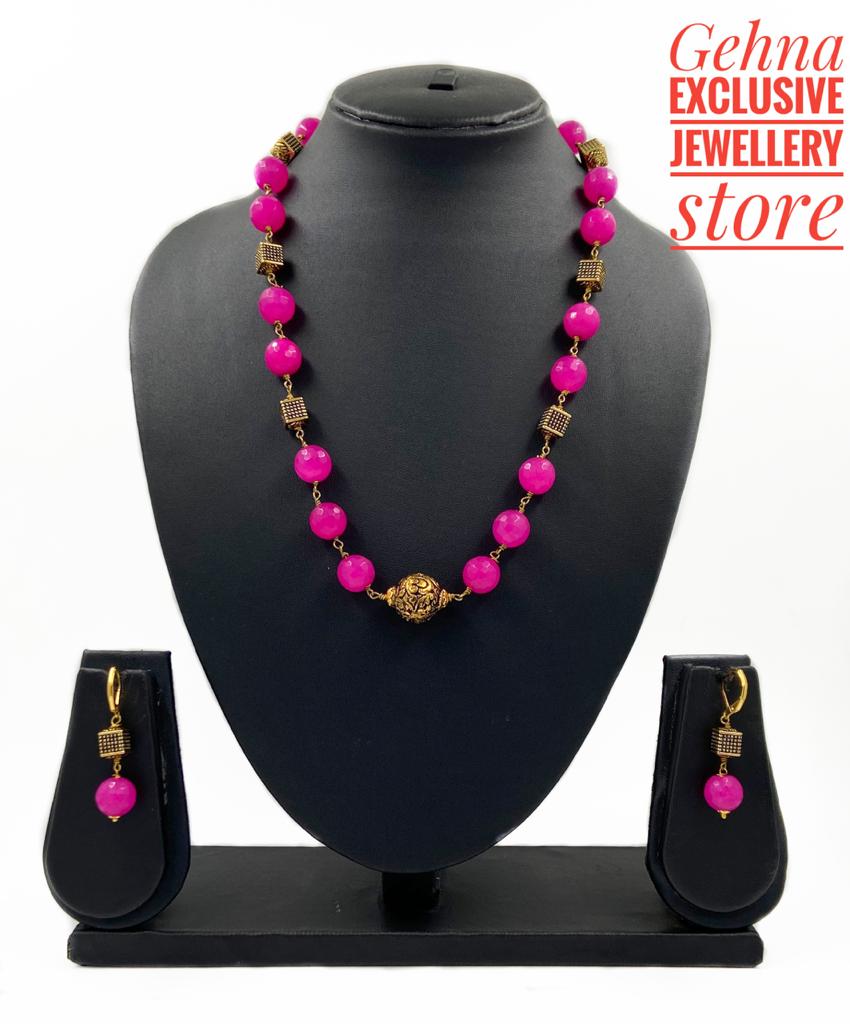 Handmade Semi Precious Pink Jade Single Strand Beaded Necklace For Woman Beads Jewellery