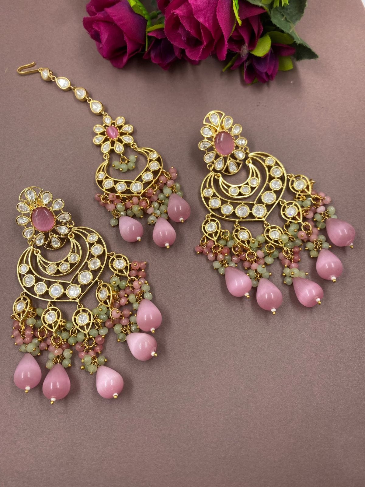 Purple Colour Punjabi Kundan Earrings with Maang Tikka | FashionCrab.com | Kundan  earrings, Bold statement jewelry, Purple color
