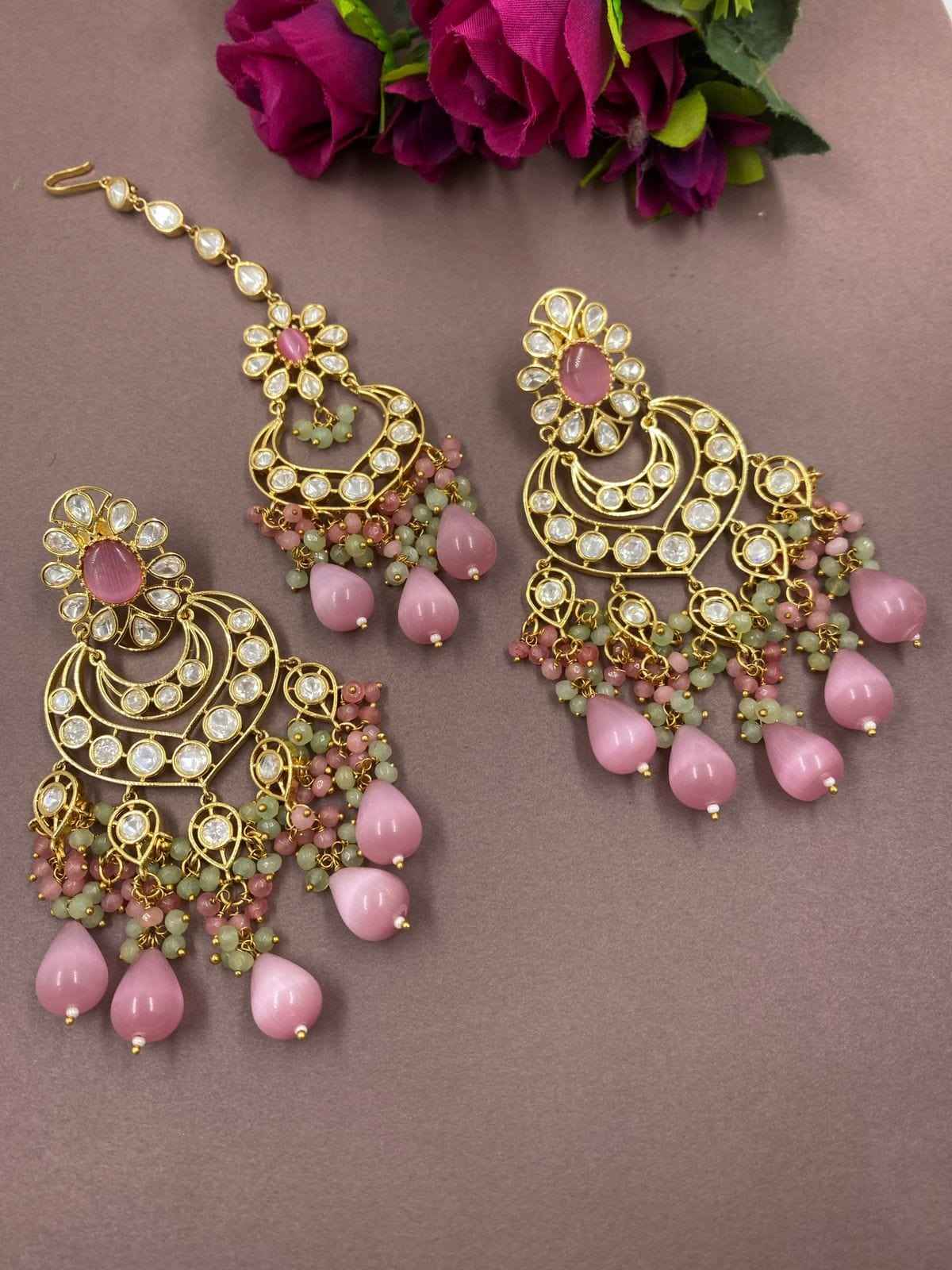 High Quality Polki Kundan Big Chandbali Earrings And Tikka Set By Gehna Shop Baby Pink
