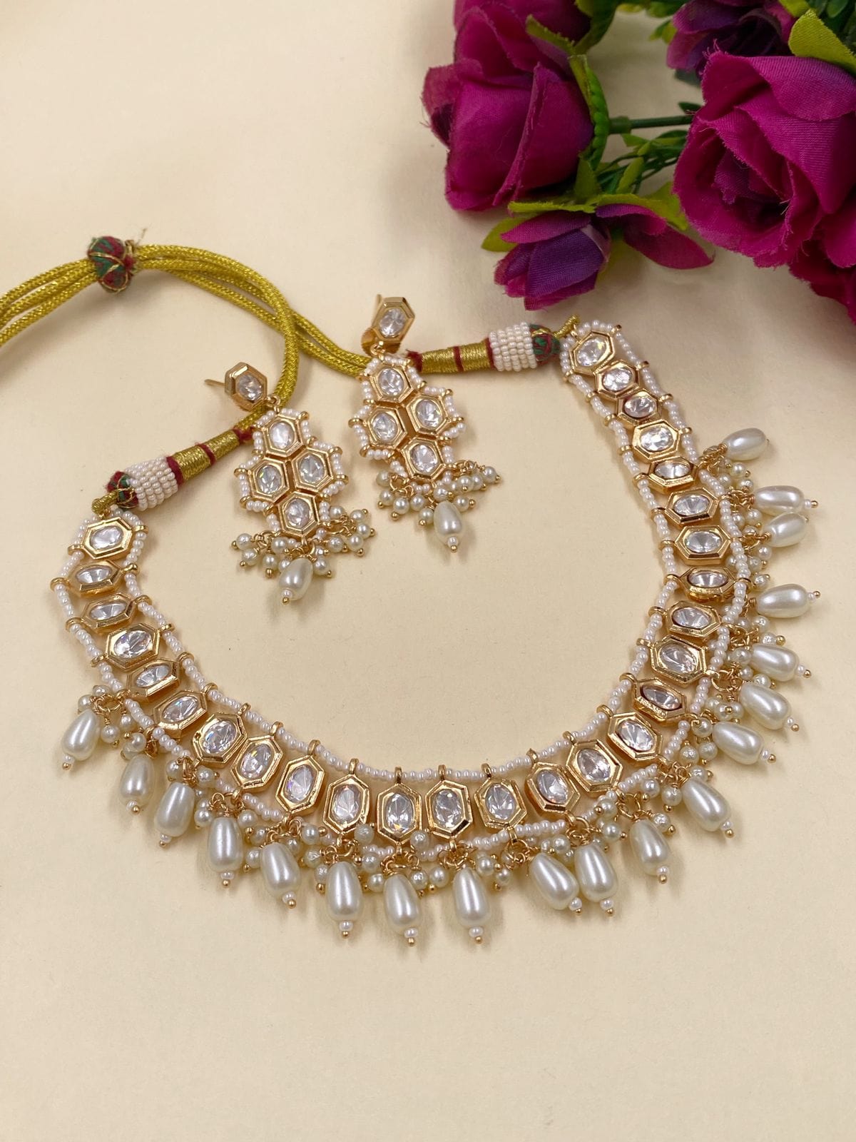 Kaaya Designer Kundan Polki And Pearls Party Necklace Set By Gehna Shpop Choker Necklace Set