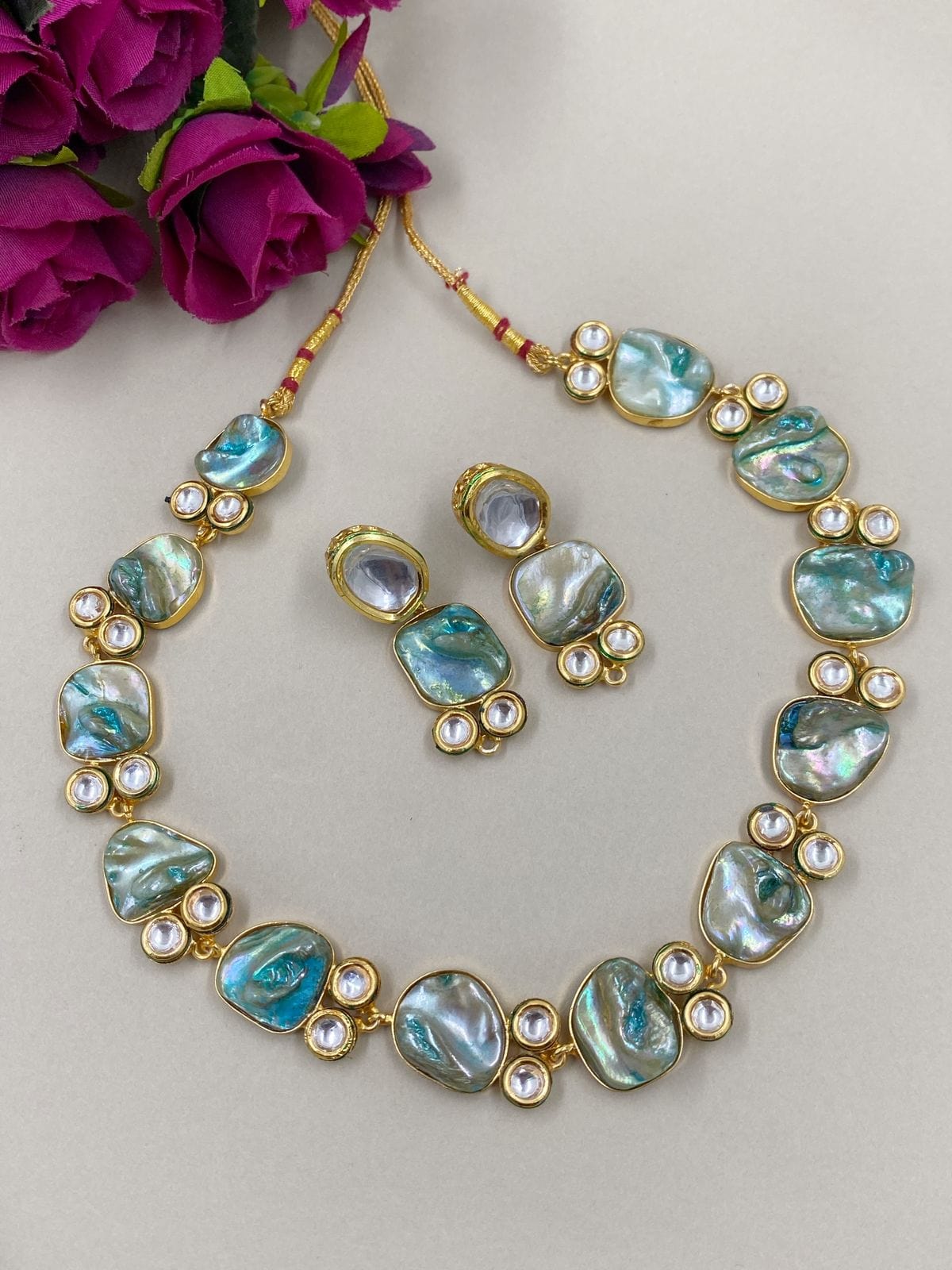 Light Blue Mother Of Pearl And Kundan Statement Necklace For Women Kundan Necklace Sets