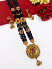 Long Antique Pendant Necklace With Black Beads For Women By Gehna Shop Antique Golden Necklace Sets