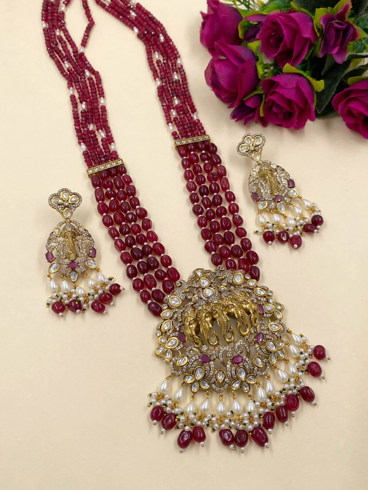 Long Antique Victorian Lord Ganpati Temple Jewellery Necklace Set Victorian Necklace Sets