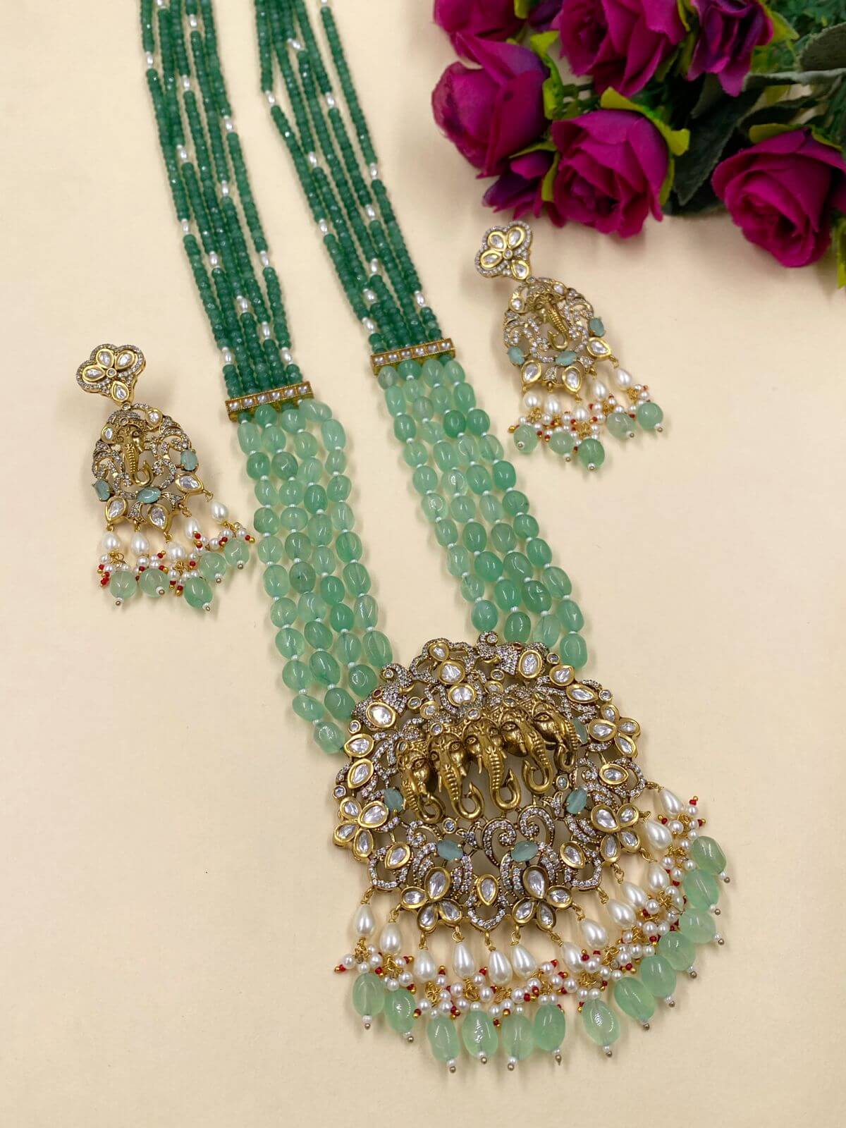 Long Antique Victorian Lord Ganpati Temple Jewellery Necklace Set Victorian Necklace Sets