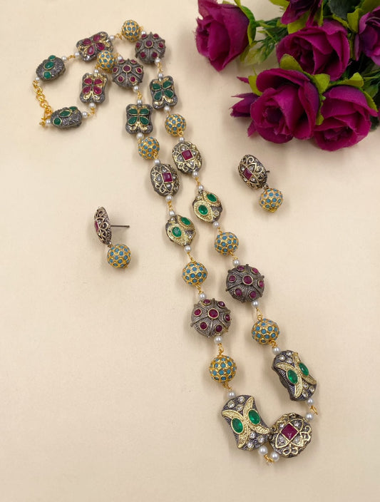 Long Jadau Beads Multi Color Beaded Necklace Set By Gehna Shop Beads Jewellery