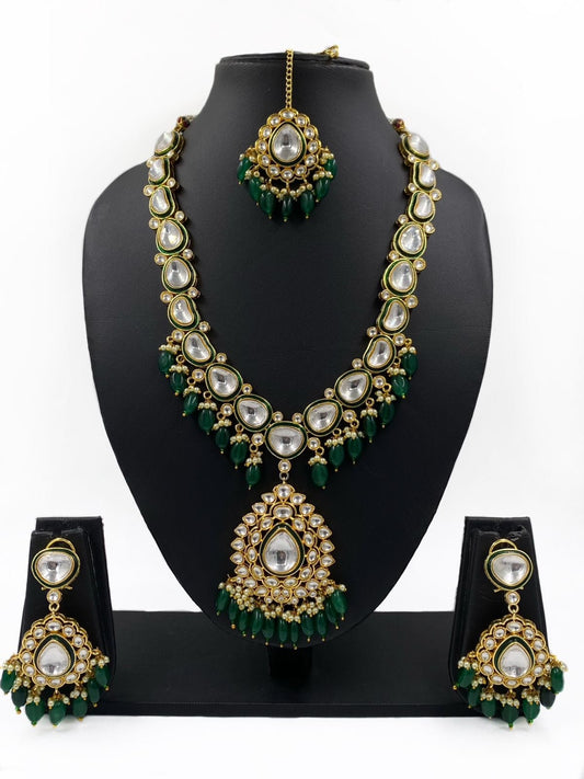 Maahira Designer Long Green Kundan Wedding Necklace Set With Tikka Bridal Necklace Sets
