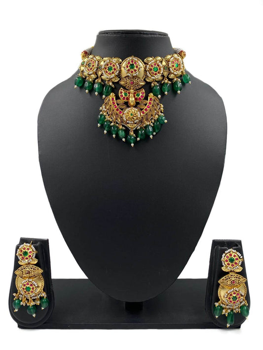 Meenakshi Jadau Antique Golden Choker Necklace Set For Weddings By Gehna Shop Temple Necklace Sets