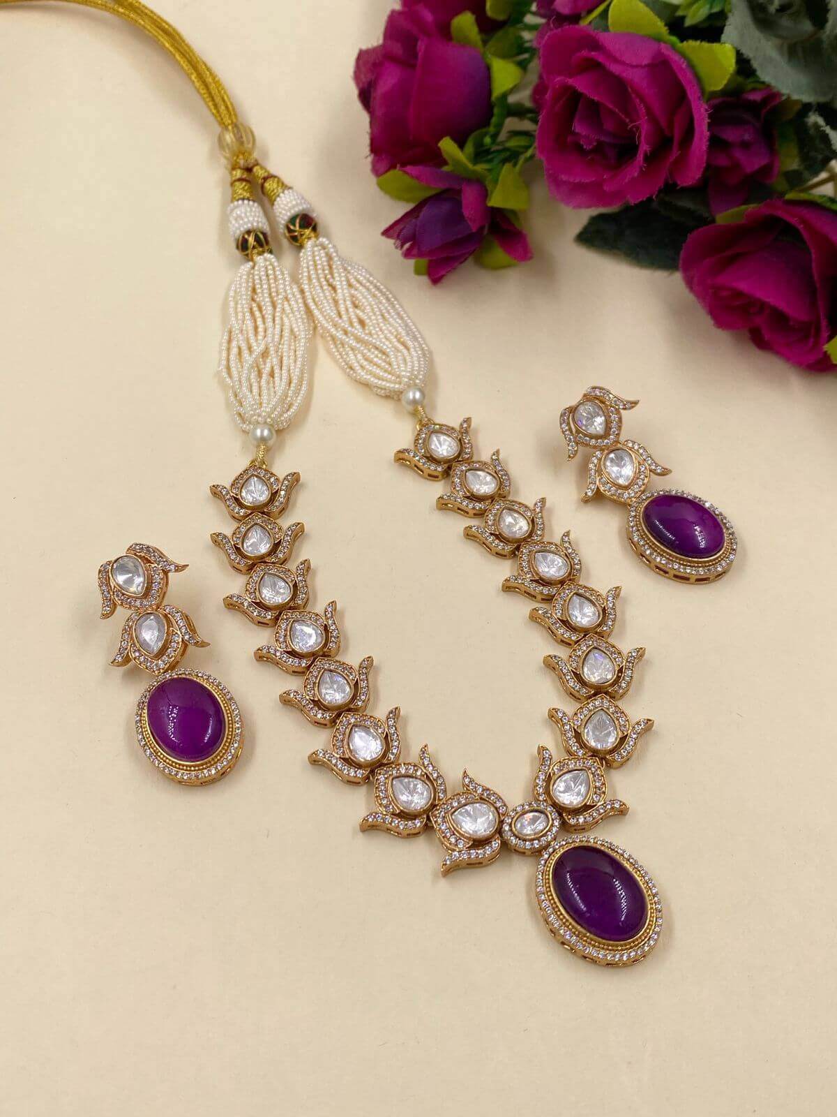 Misha Antique Polki Necklace Set By Gehna Shop Victorian Necklace Sets