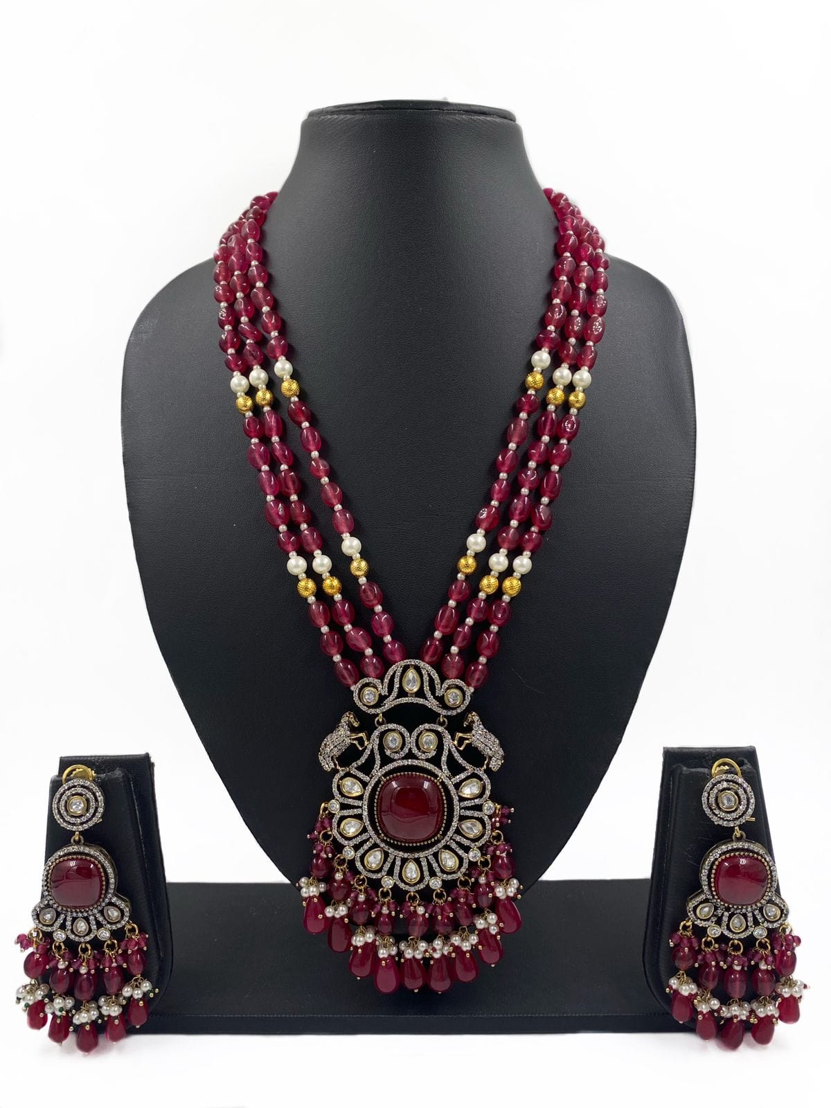 Mishaa Royal Look Victorian Kundan And AD Long Necklace Set For Weddings Victorian Necklace Sets
