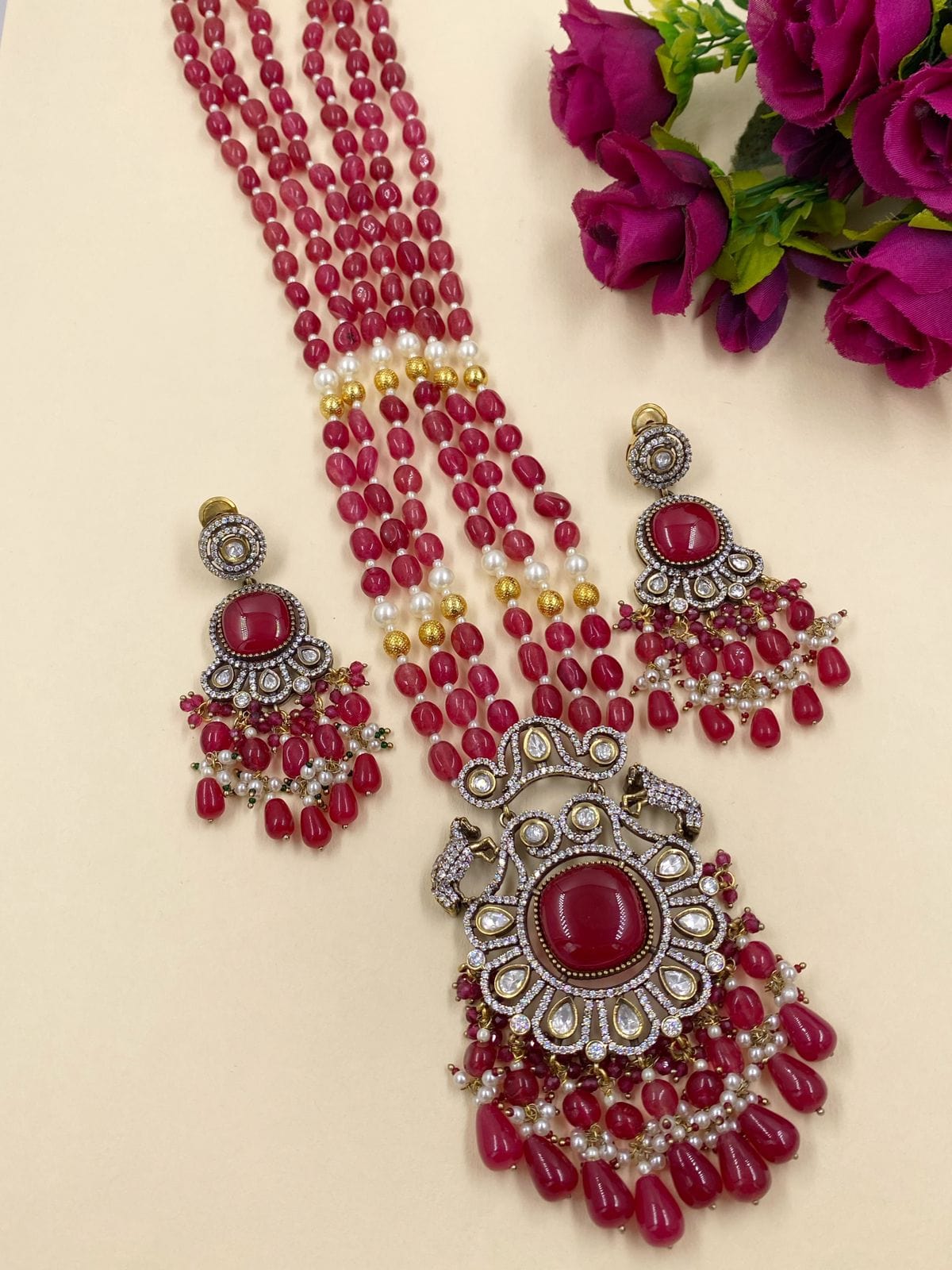 Mishaa Royal Look Victorian Kundan And AD Long Necklace Set For Weddings Victorian Necklace Sets