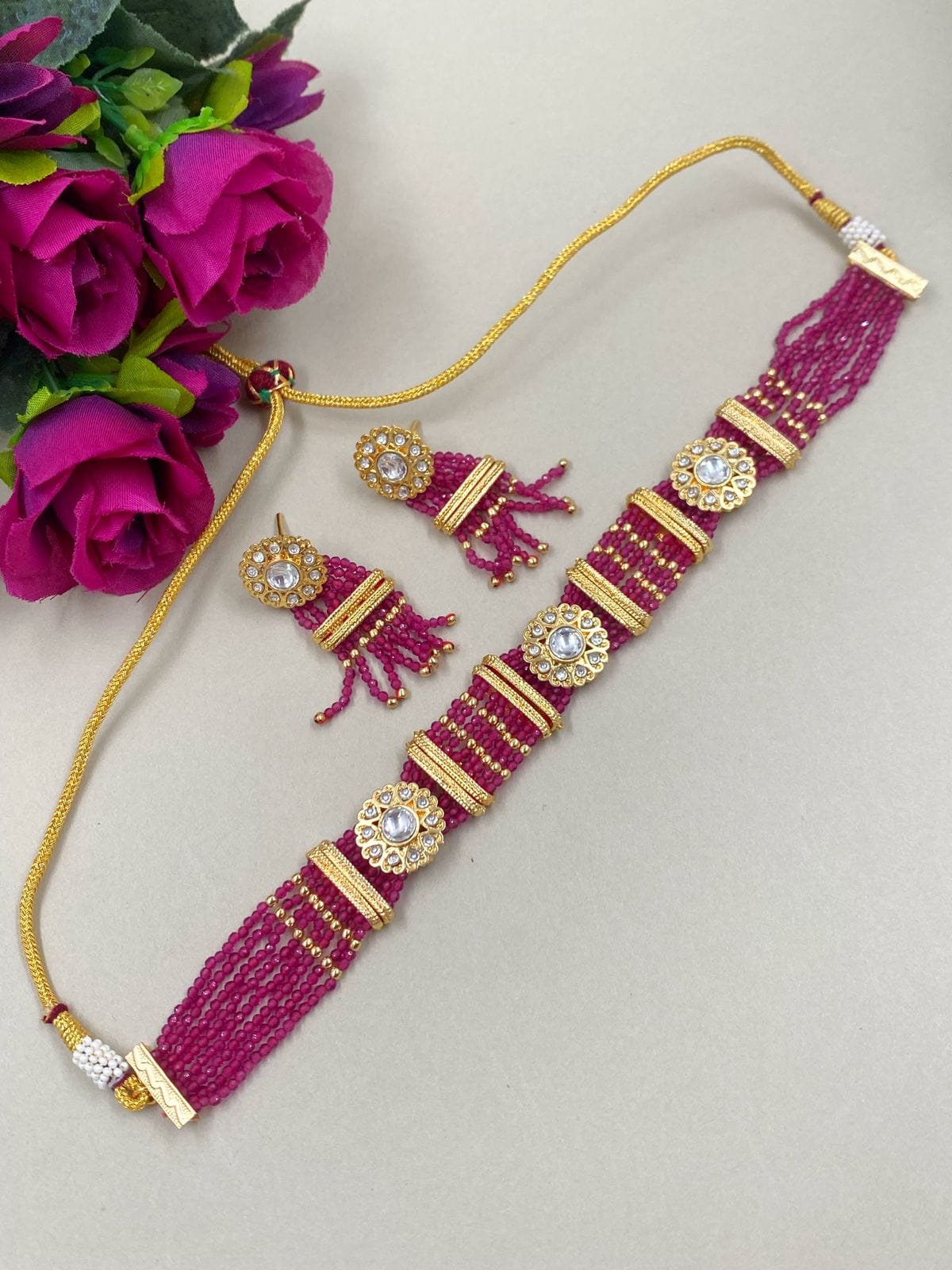 Modern Gold Plated Traditional Pink Choker Necklace Set By Gehna Shop Choker Necklace Set