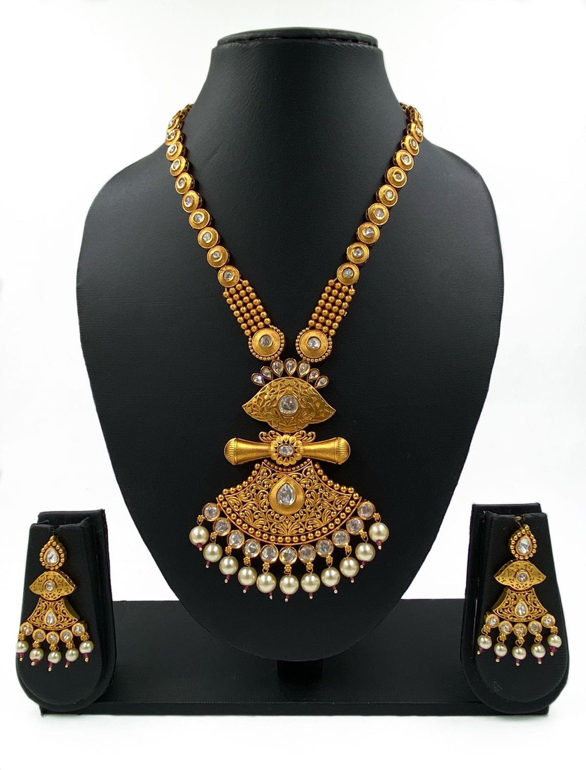 Modern Look Studded Kundan Stones Long Golden Necklace Set By Gehna Shop Antique Golden Necklace Sets
