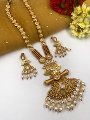 Modern Look Studded Kundan Stones Long Golden Necklace Set By Gehna Shop Antique Golden Necklace Sets