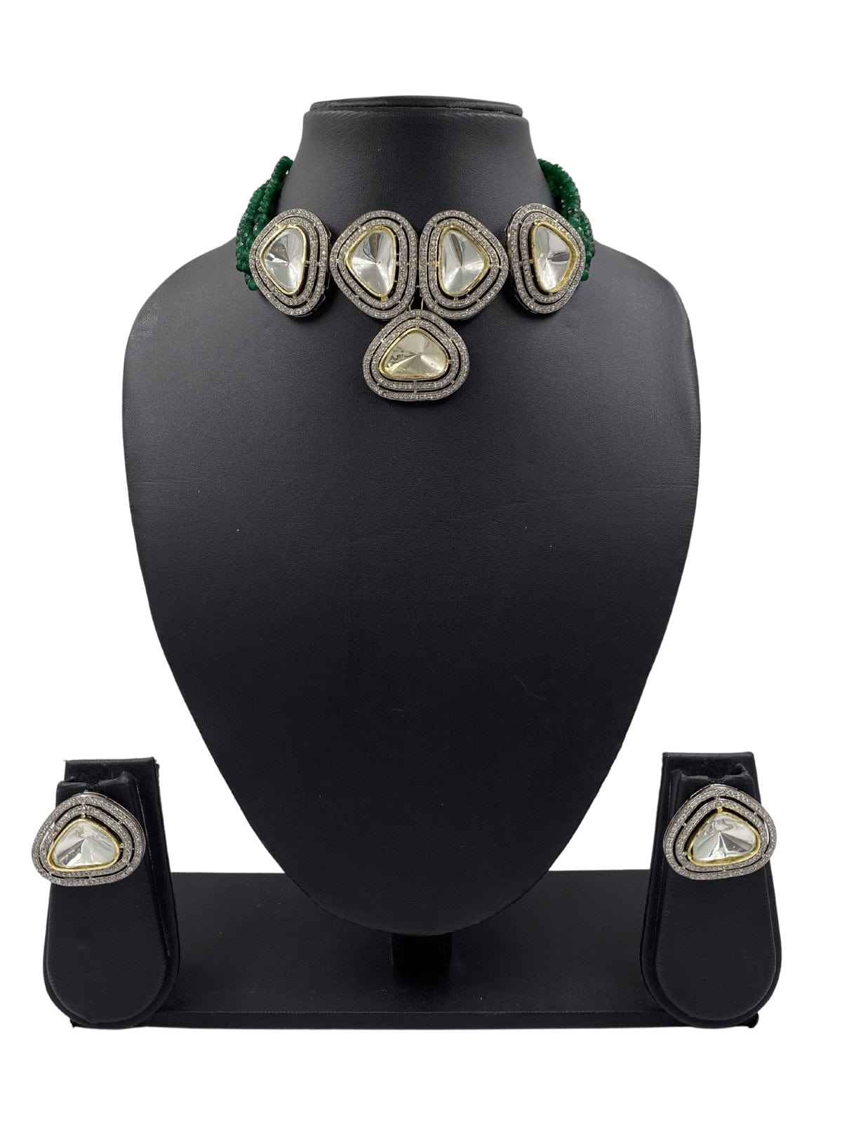 Modern Look Victorian Big Polki Stone Choker Necklace Set Green