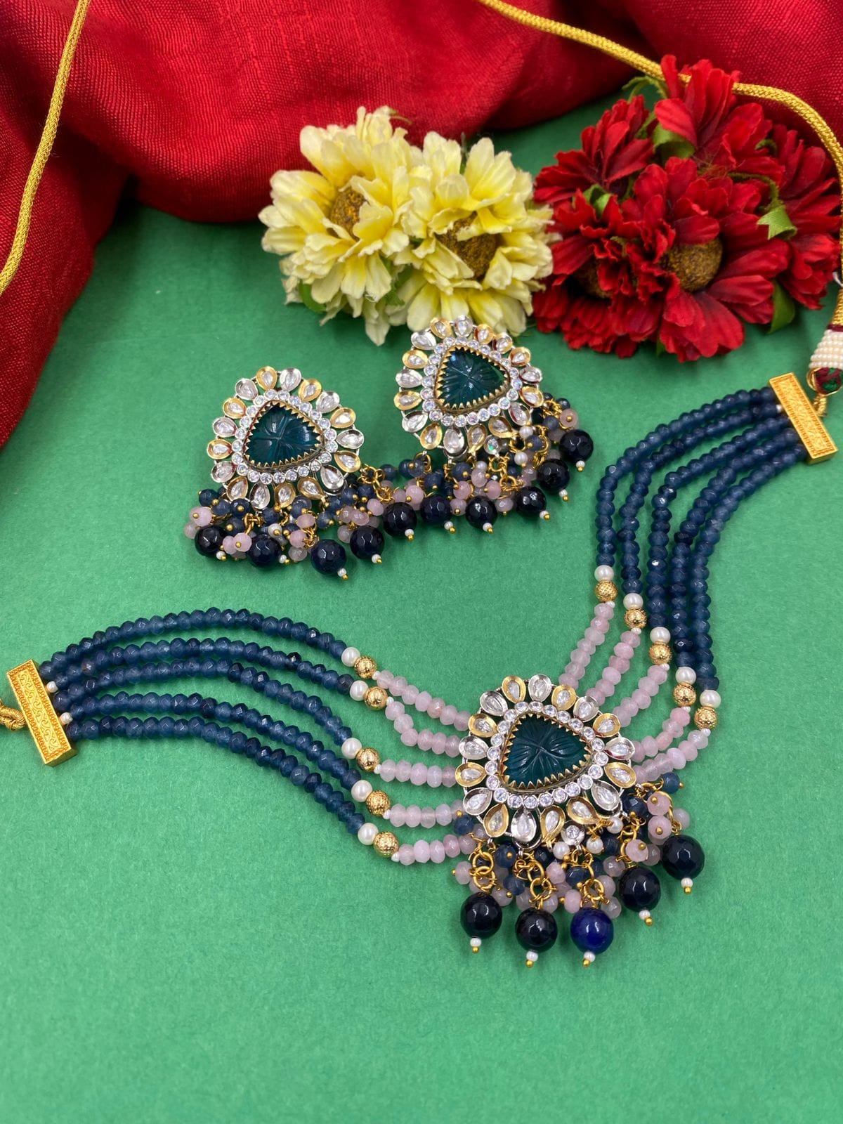 Modern Victorian Kundan And Beads Victorian polish Choker Necklace Set By Gehna Shop Victorian Necklace Sets