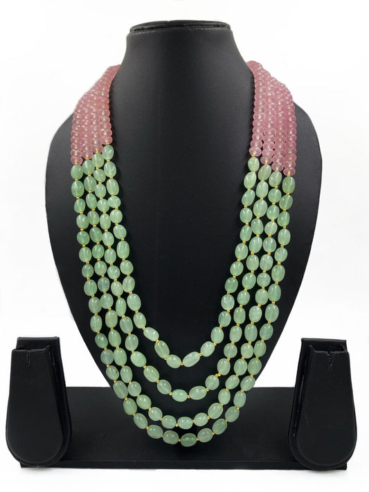 Multi Layered Semi Precious Mint Green & Pink Quartz Beads Necklace By Gehna Shop Beads Jewellery