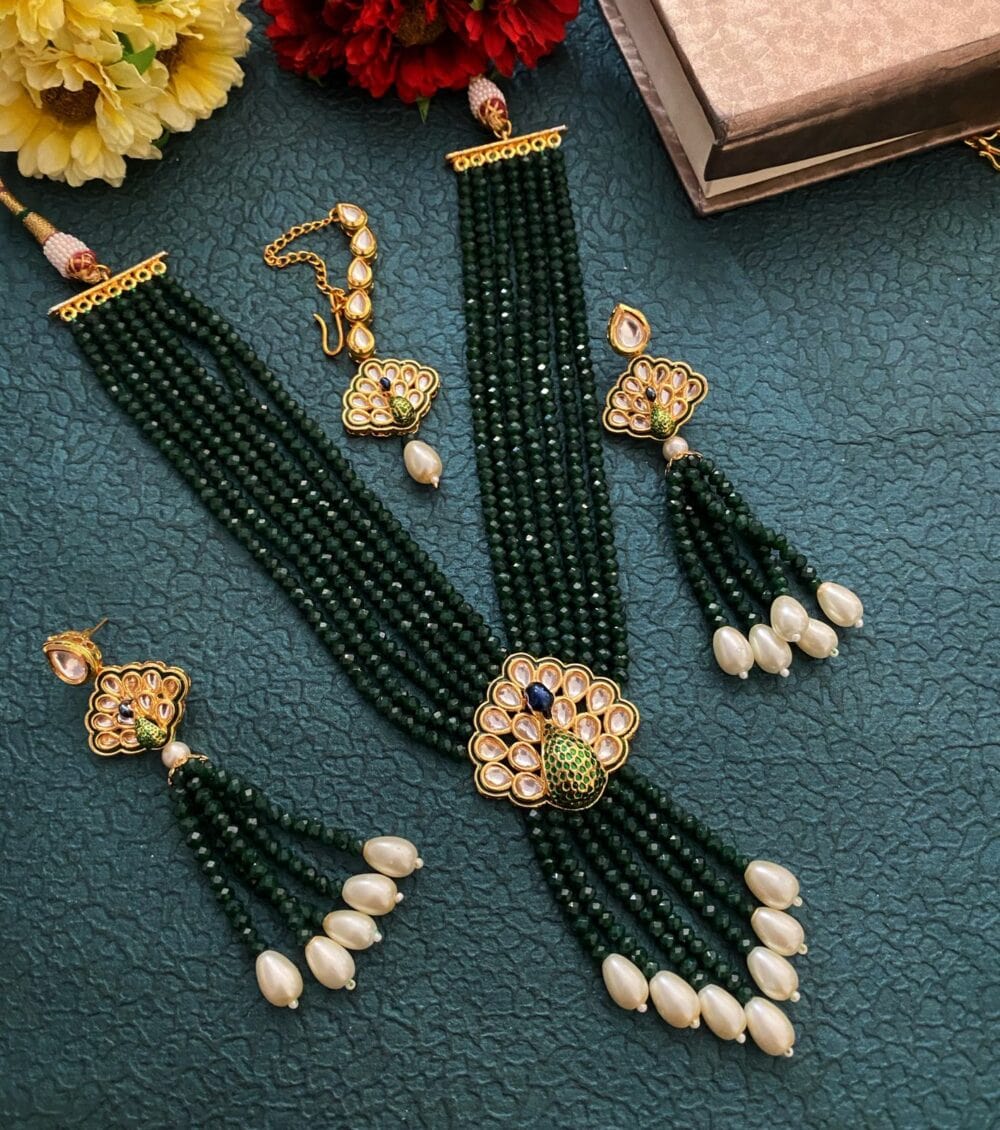 Multilayered Green Crystal Beads Choker And Long Necklace Set By Gehna Shop Beads Jewellery