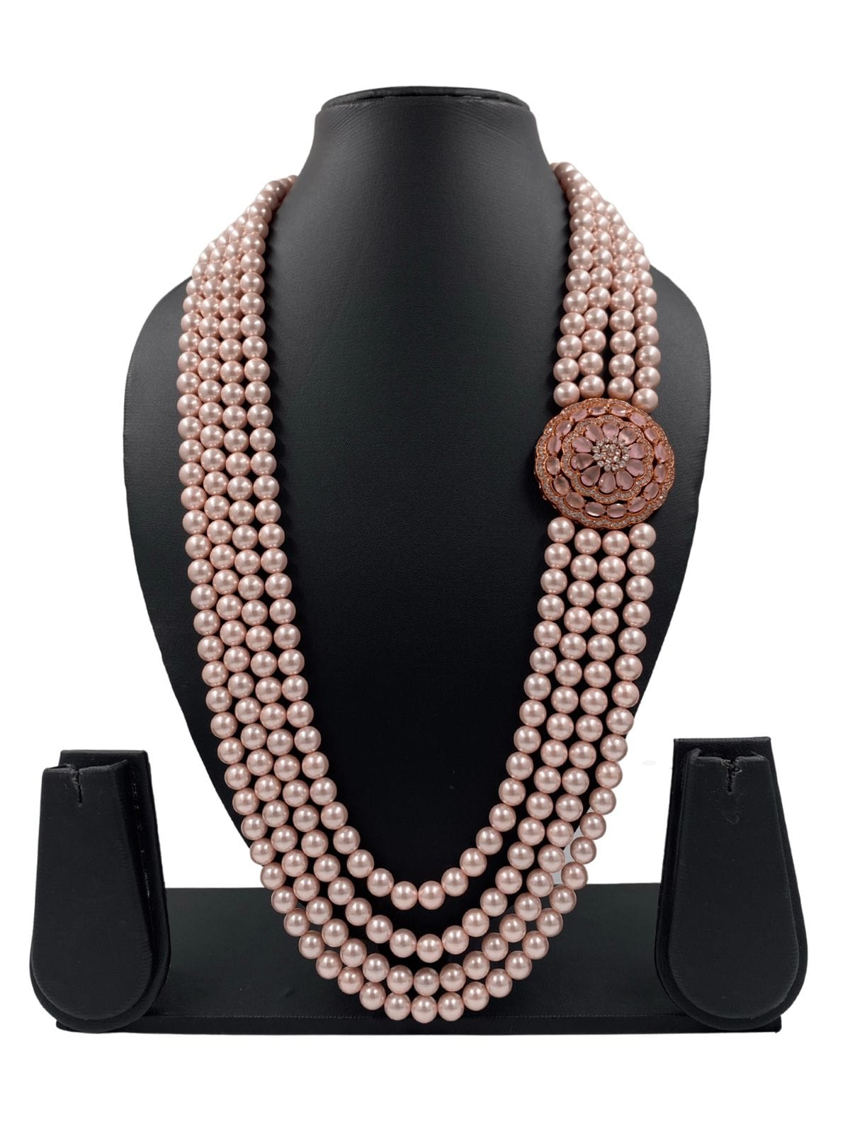 Multilayered Rose Pink Shell Pearls Necklace With Side Brooch For Men And Women Beads Jewellery