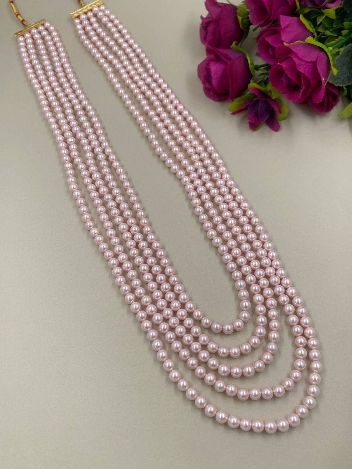 Multilayered Rose Pink Shell Pearls Sherwani Mala Necklace For Grooms By Gehna Shop Beads Jewellery