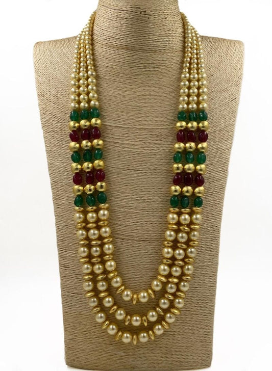 Multilayered Semi Precious Jade Beads And Golden Shell Pearls Necklace For Men And Women Beads Jewellery