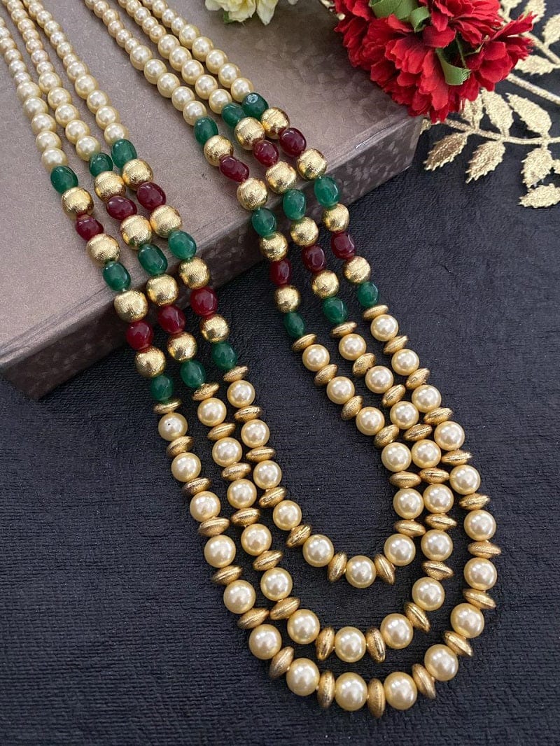 Multilayered Semi Precious Jade Beads And Golden Shell Pearls Necklace For Men And Women Beads Jewellery