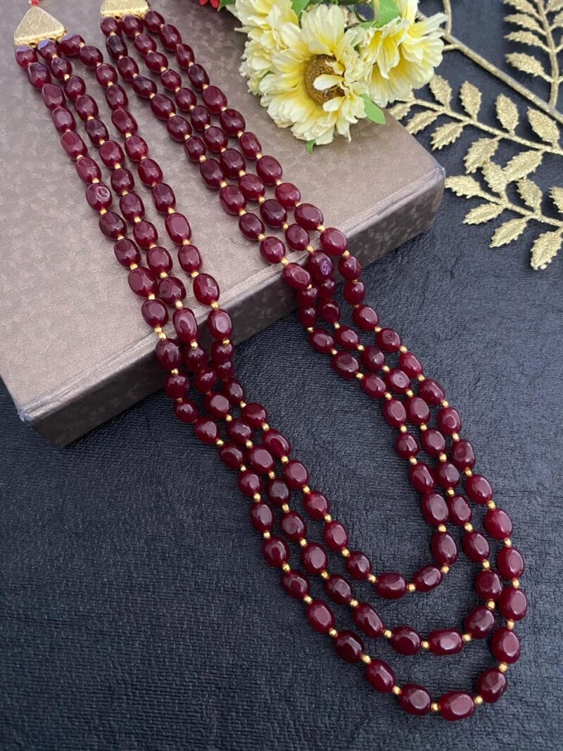 Multilayered Semi Precious Maroon Jade Beads Necklace For Men And Women Beads Jewellery