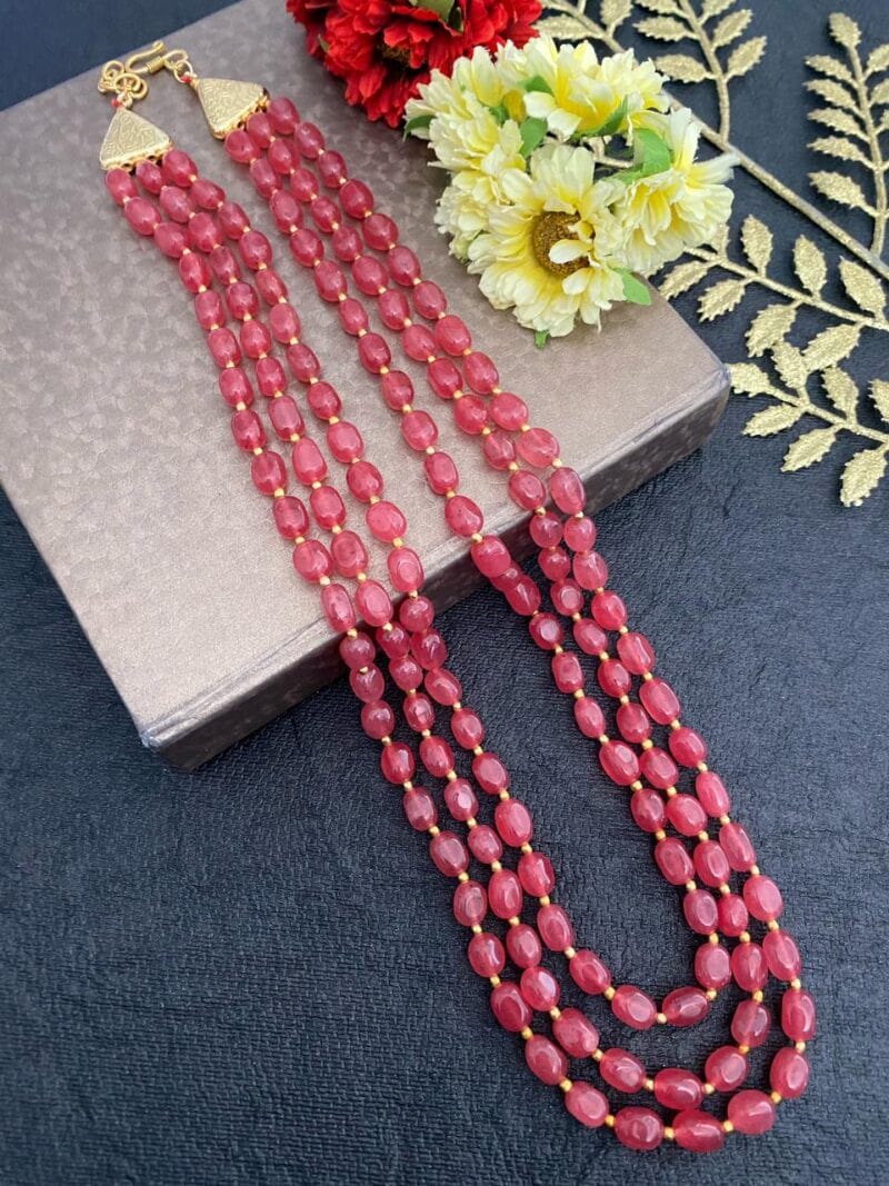 Multilayered Semi Precious Peach Jade Beads Necklace For Men And Women Beads Jewellery