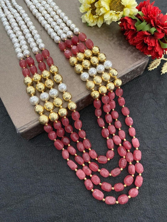 Multilayered Semi Precious Peach Jade Beads Necklace For Men And Women Beads Jewellery