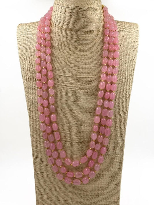 Multilayered Semi Precious Rose Pink Jade Beads Necklace For Men And Women Beads Jewellery