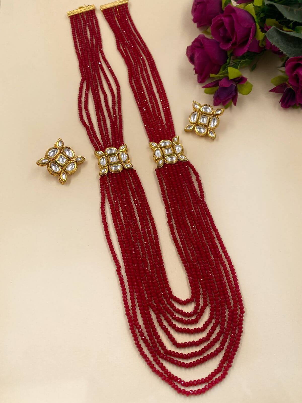 Buy Multilayred Long Red Crystal Beads Necklace With Kundan