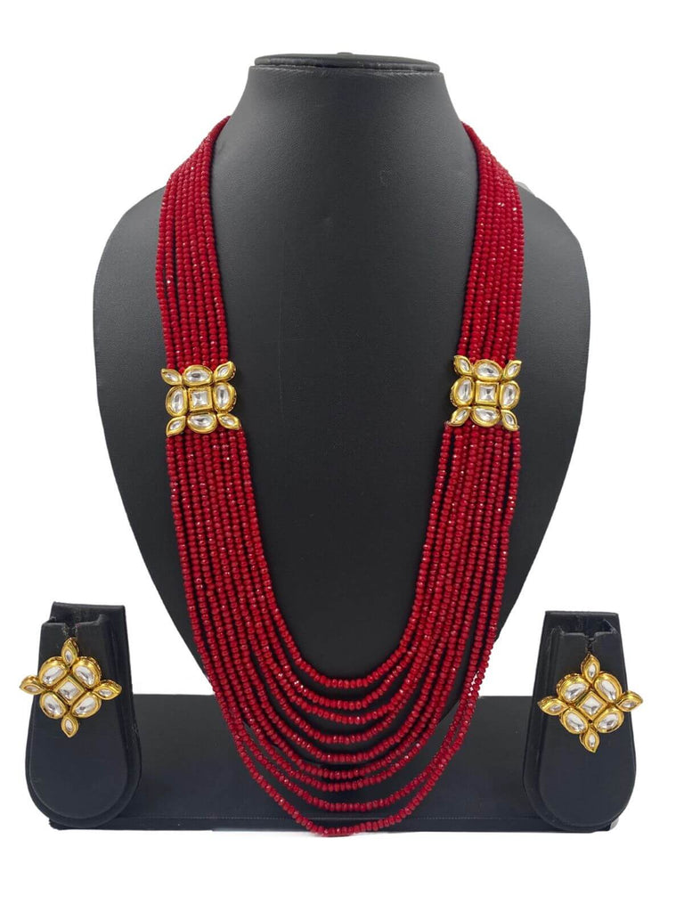 Multilayred Long Red Crystal Beads Necklace With Kundan Brooches